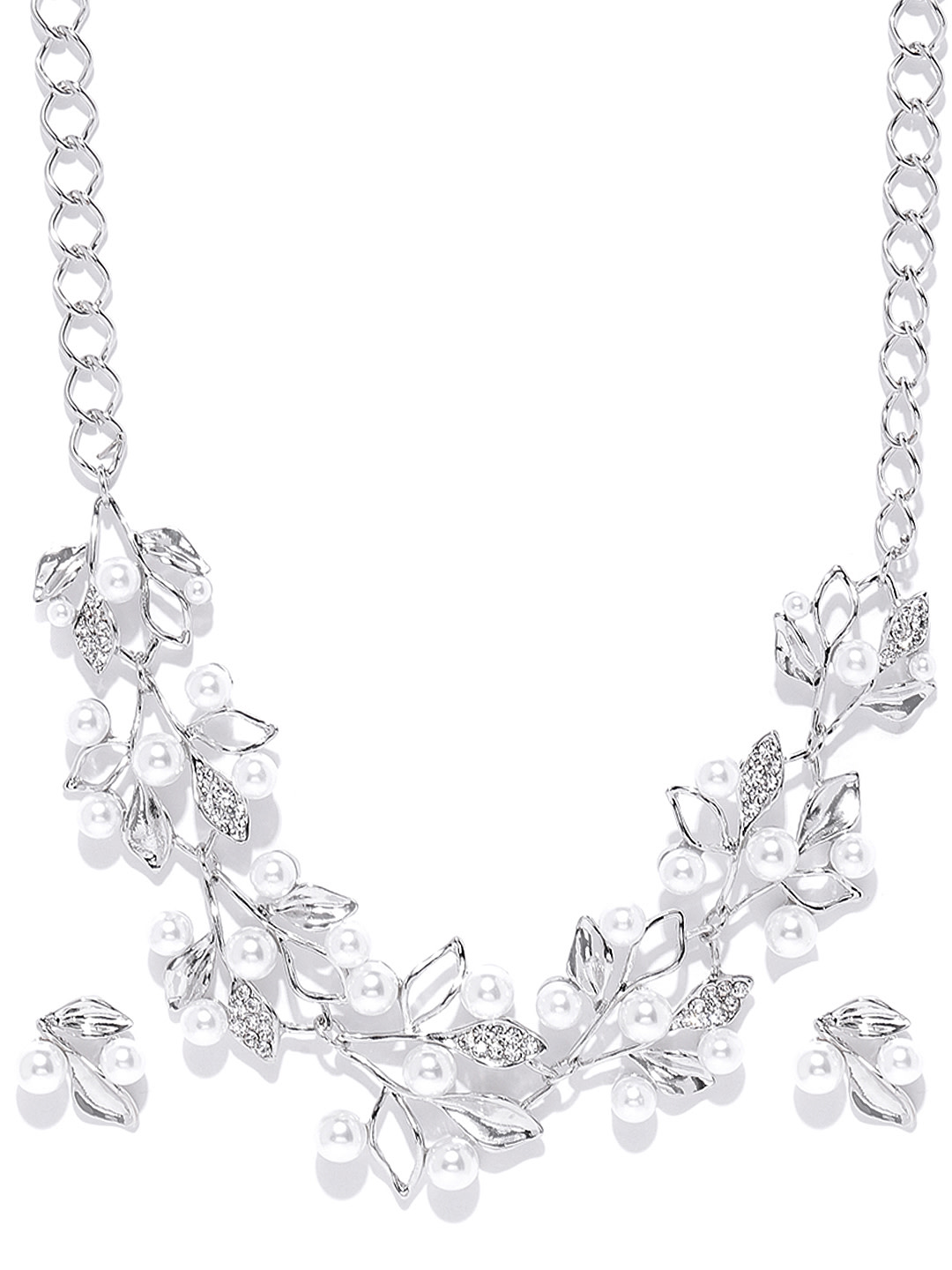 YouBella Off White Silver-Plated Stone-Studded  Beaded Floral Jewellery Set