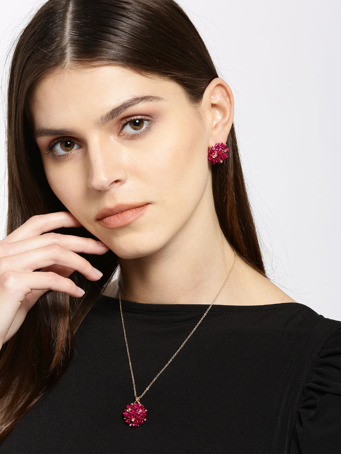 YouBella Pink Gold-Plated Stone-Studded Floral Shaped Jewellery Set