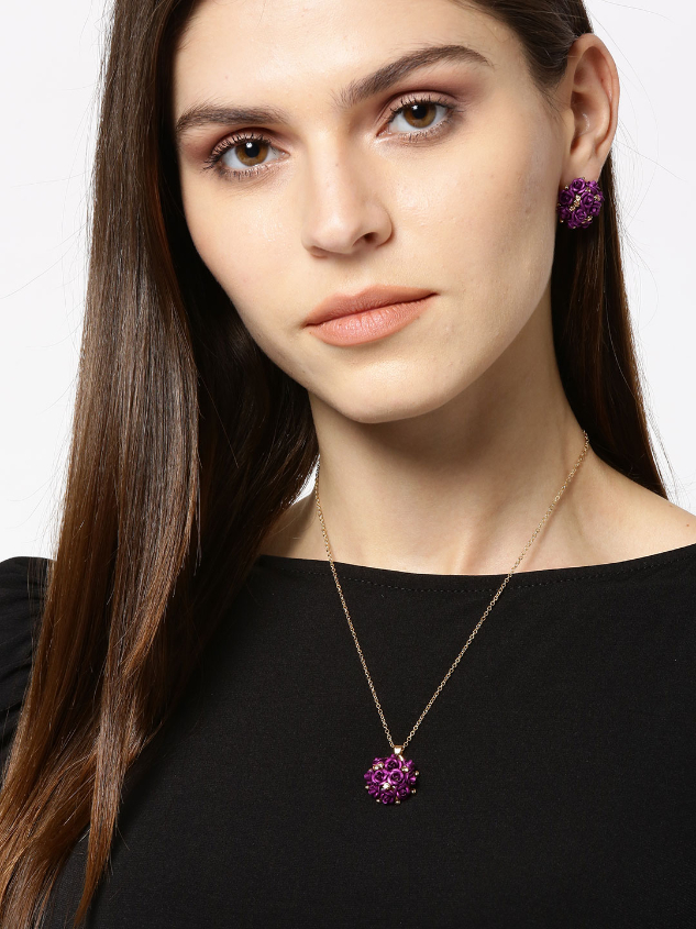 YouBella Purple Gold-Plated Stone-Studded Floral Jewellery Set