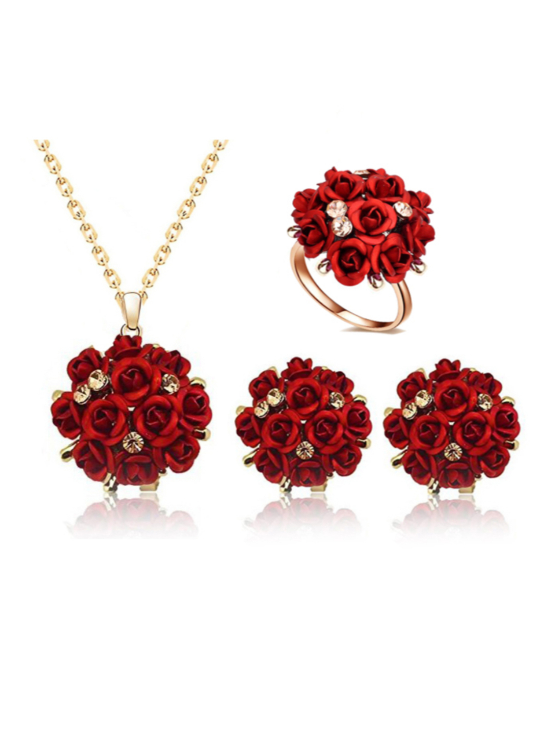 YouBella Jewellery Stylish Gold Plated Floral Necklace Jewellery Set with Earrings and Ring for Women and Girls (Red)