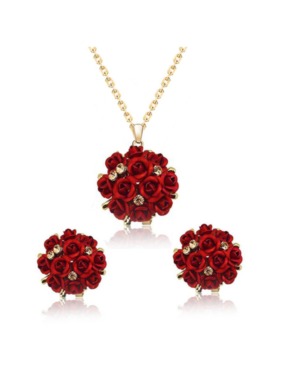 YouBella Jewellery Stylish Gold Plated Floral Necklace Jewellery Set with Earrings and Ring for Women and Girls (Red)