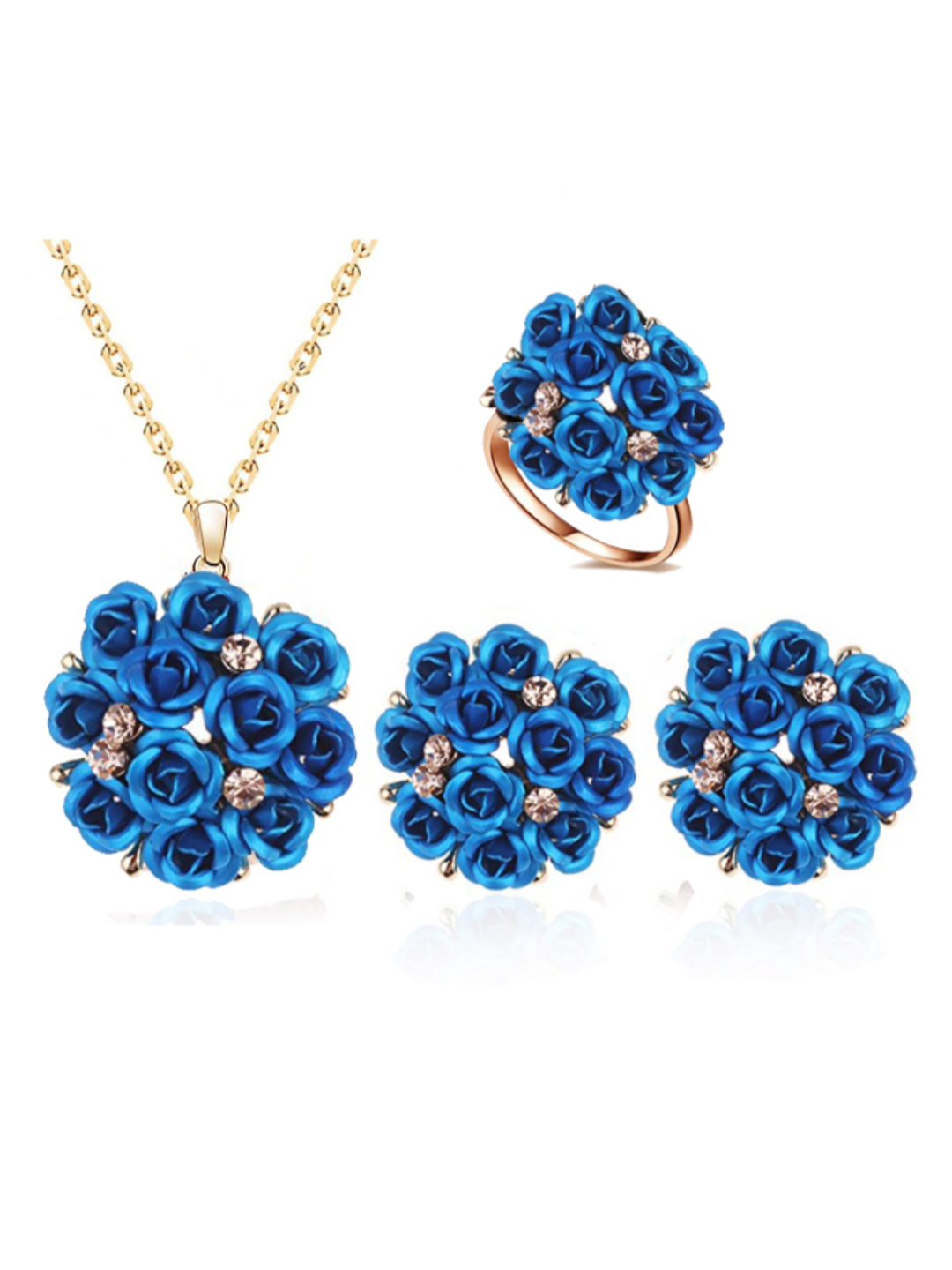 YouBella Jewellery Stylish Gold Plated Floral Necklace Jewellery Set with Earrings and Ring for Women and Girls (Blue)