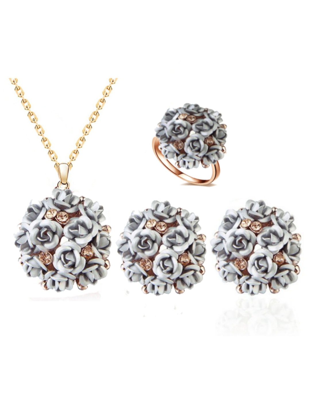 YouBella Jewellery Stylish Gold Plated Floral Necklace Jewellery Set with Earrings and Ring for Women and Girls (Silver)