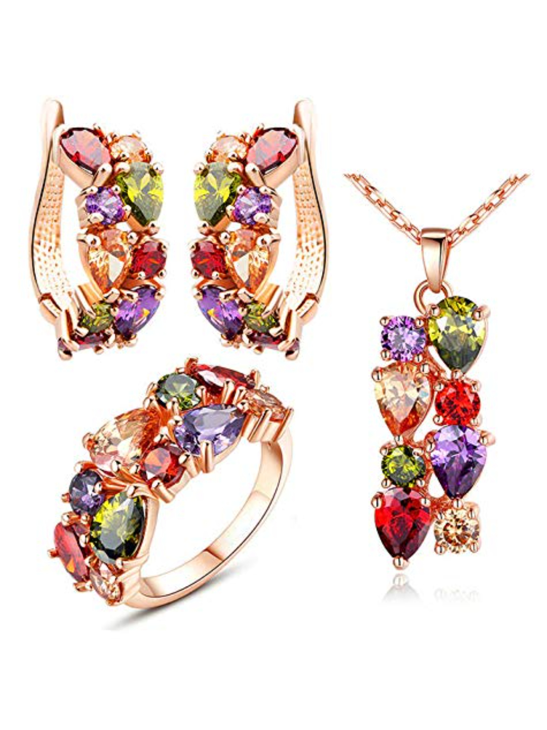 YouBella Jewellery Set Multi-Color AAA Swiss Zircon Rose Gold Crystal Necklace Pendant Ring Bracelet Bangle and Earrings Jewellery Combo for Girls and Women (Pendant, Earrings & Ring)
