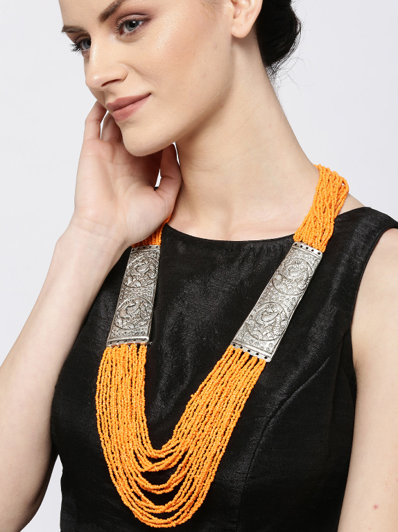YouBella Women Oxidised Orange Silver Plated Beaded Layered Necklace