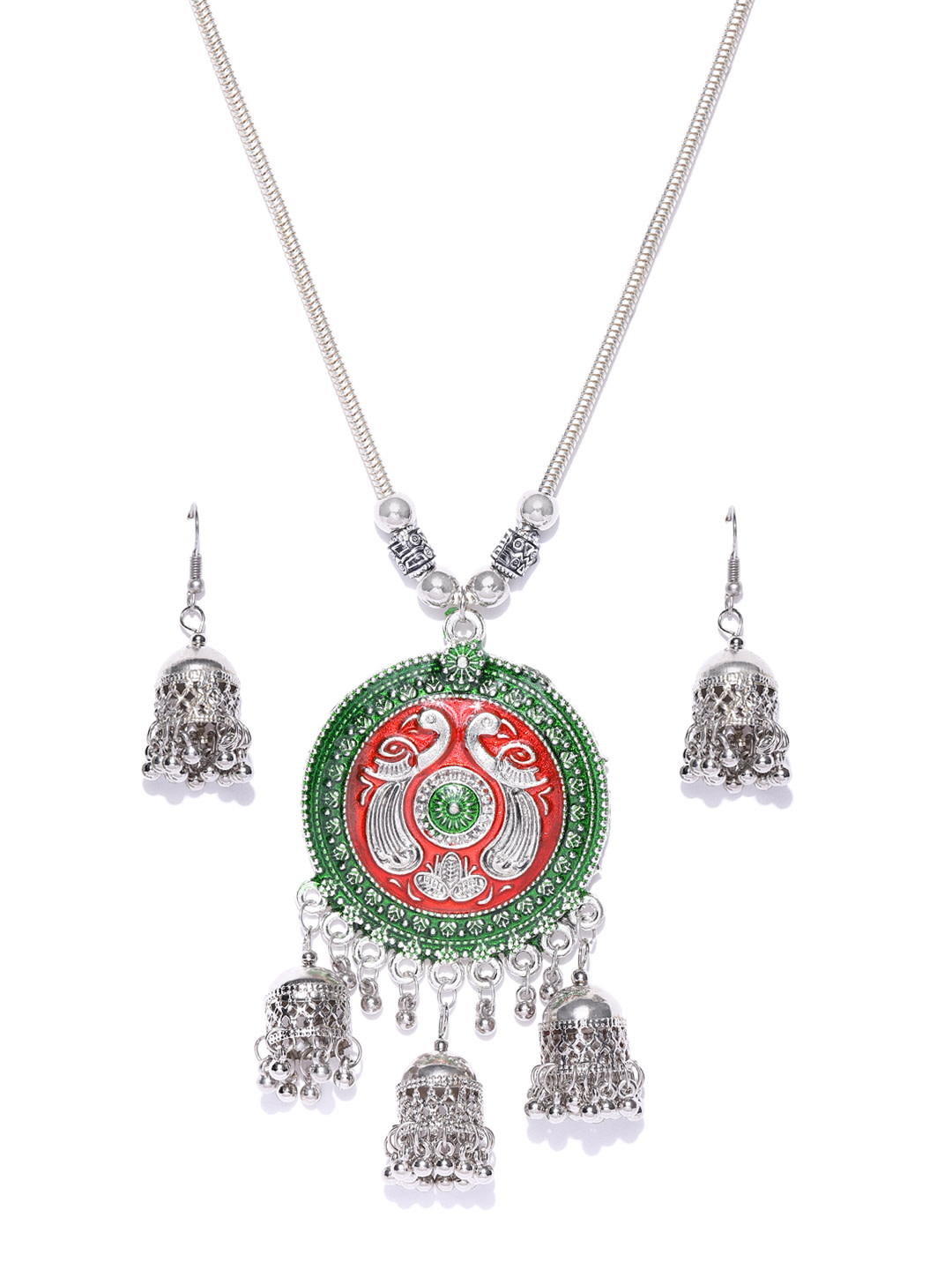 YouBella Women Oxidised Orange  Green Silver-Plated Jewellery Set