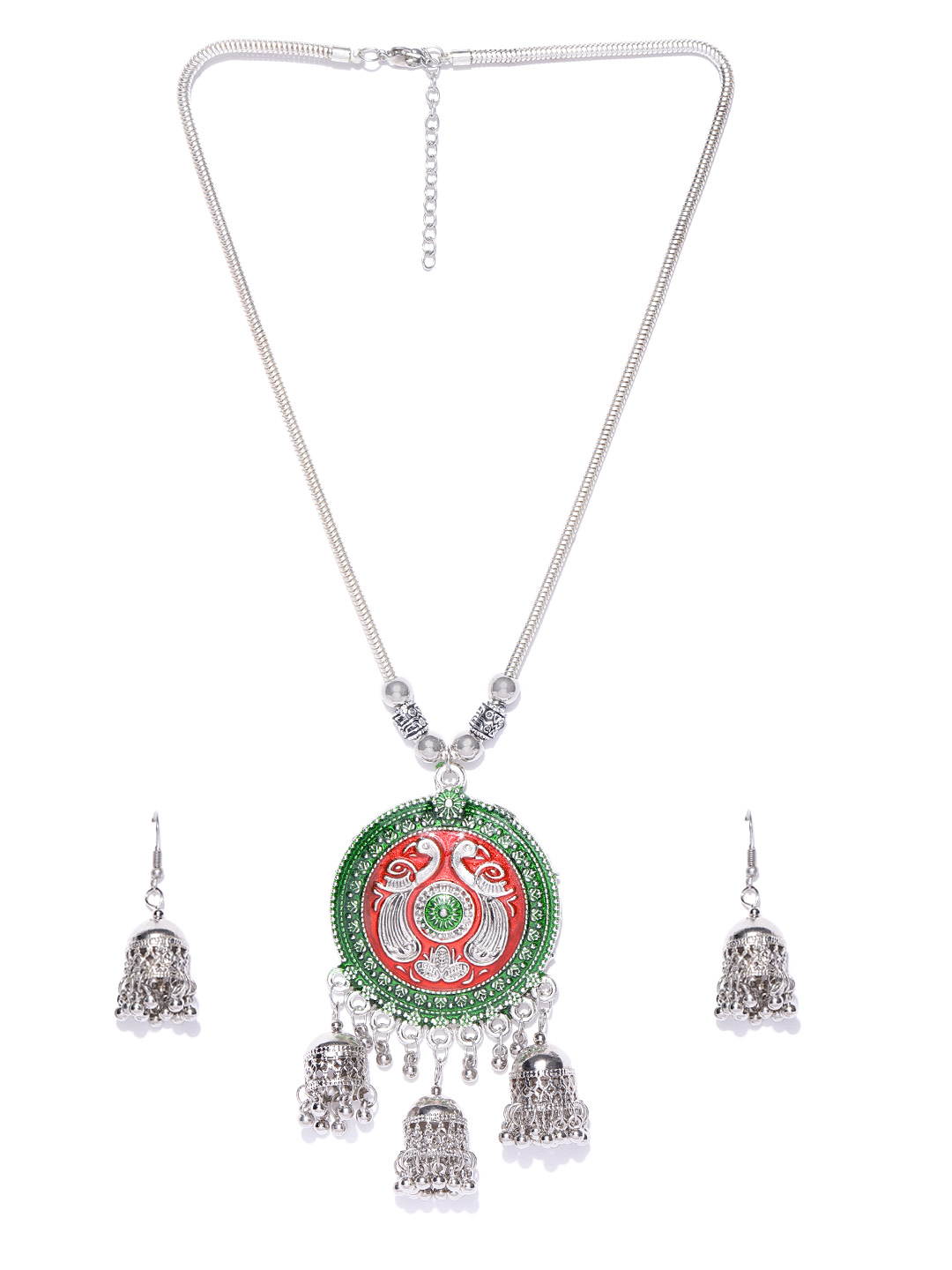 YouBella Women Oxidised Orange  Green Silver-Plated Jewellery Set