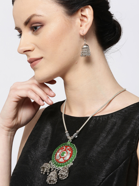 YouBella Women Oxidised Orange  Green Silver-Plated Jewellery Set