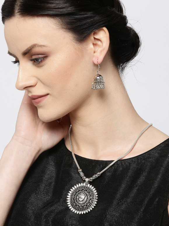 YouBella Women Oxidised Silver-Plated Temple Jewellery Set