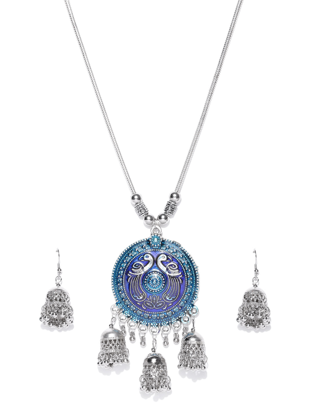 YouBella Women Oxidised Blue Silver-Plated Enamelled Jewellery Set