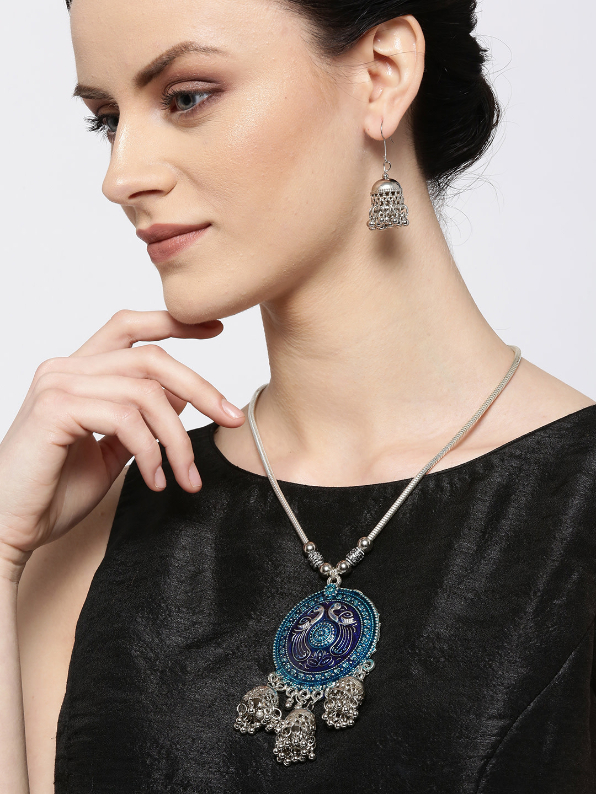 YouBella Women Oxidised Blue Silver-Plated Enamelled Jewellery Set