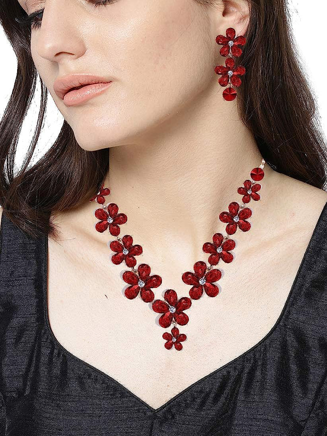 YouBella Jewellery Sets for Women Crystal Necklace Jewellery Set with Earrings for Girls/Women (Red)