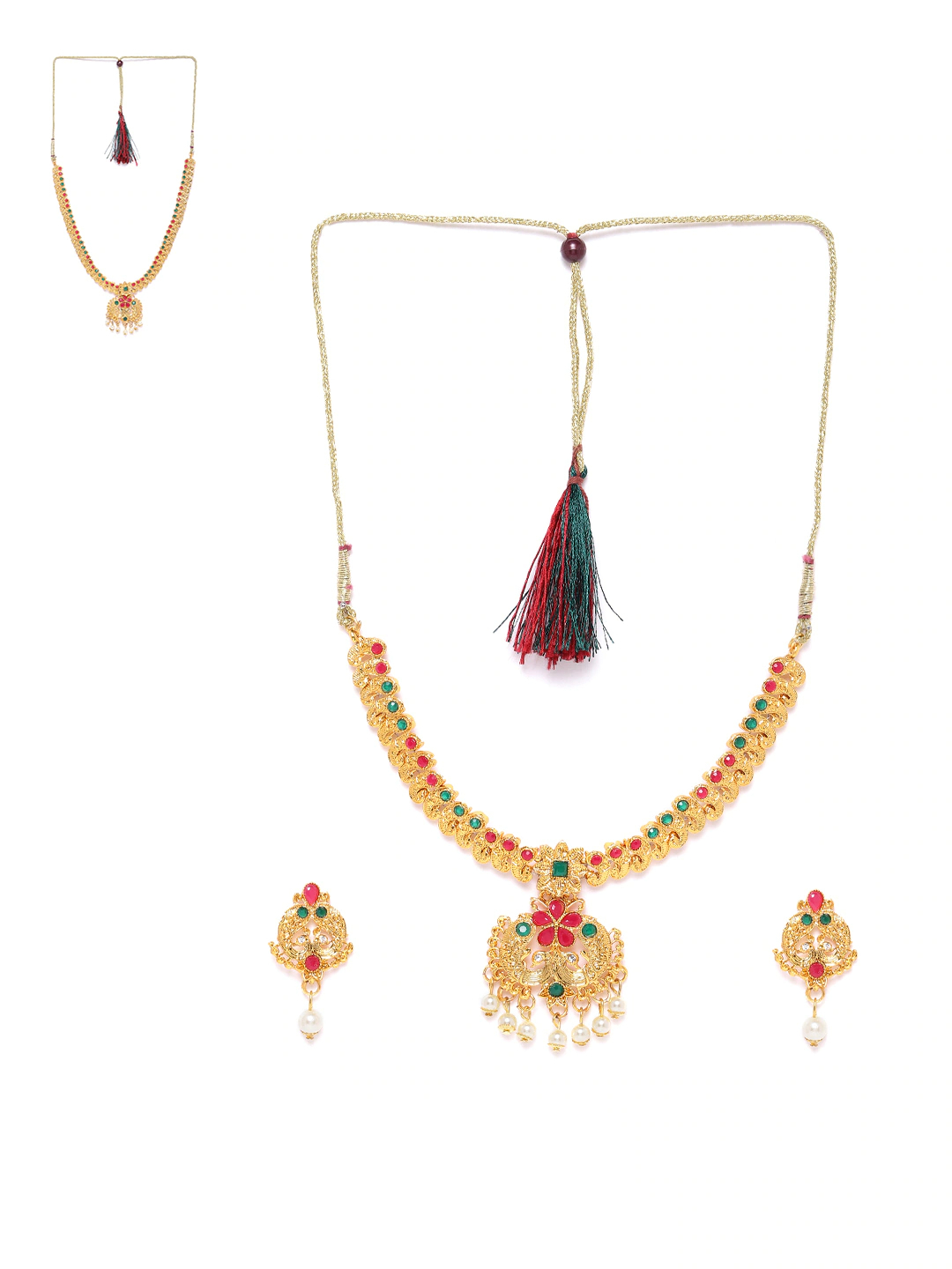 YouBella Green  Magenta Gold-Plated Stone Studded  Beaded Peacock Shaped Jewellery Set