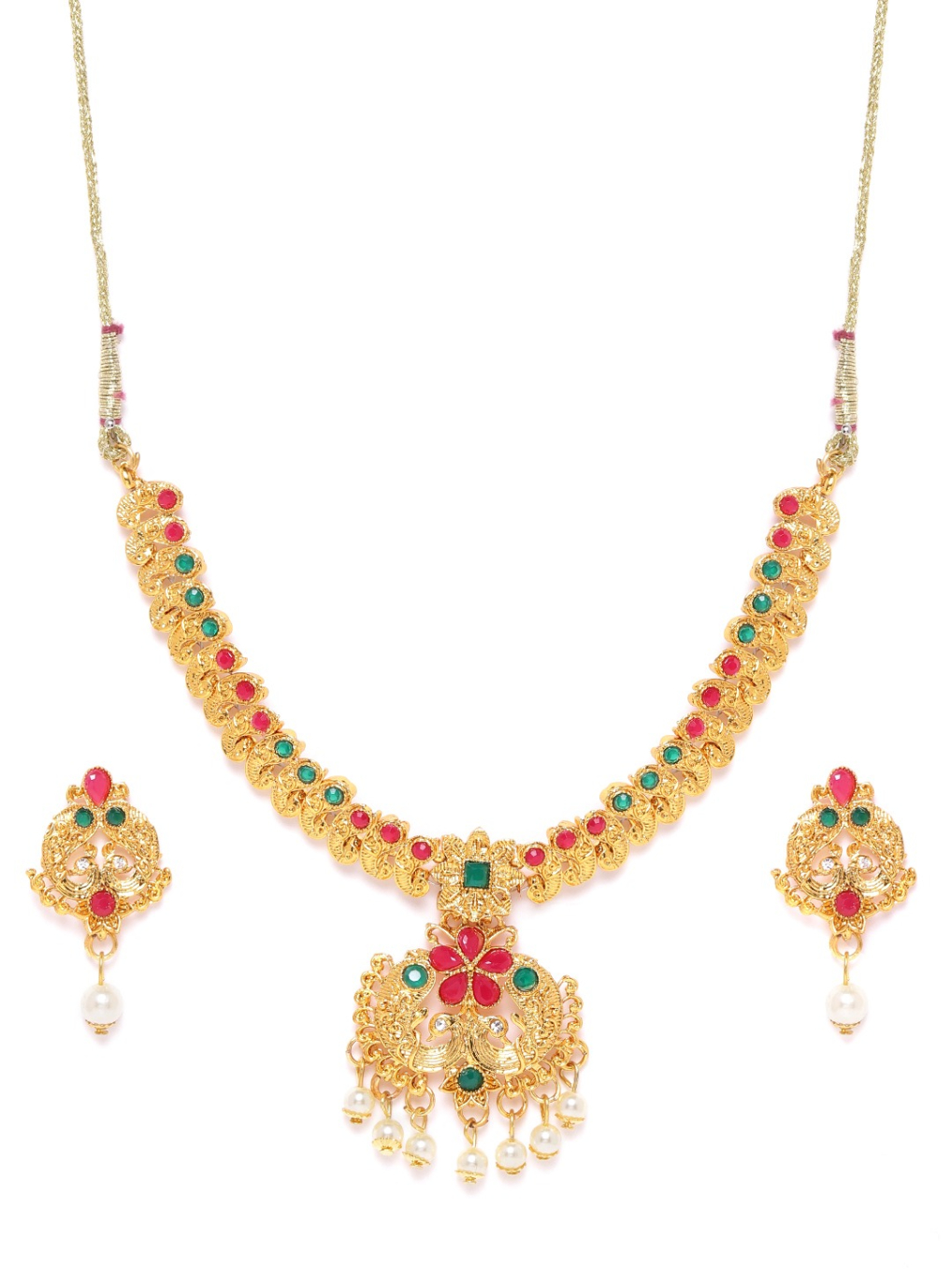 YouBella Green  Magenta Gold-Plated Stone Studded  Beaded Peacock Shaped Jewellery Set