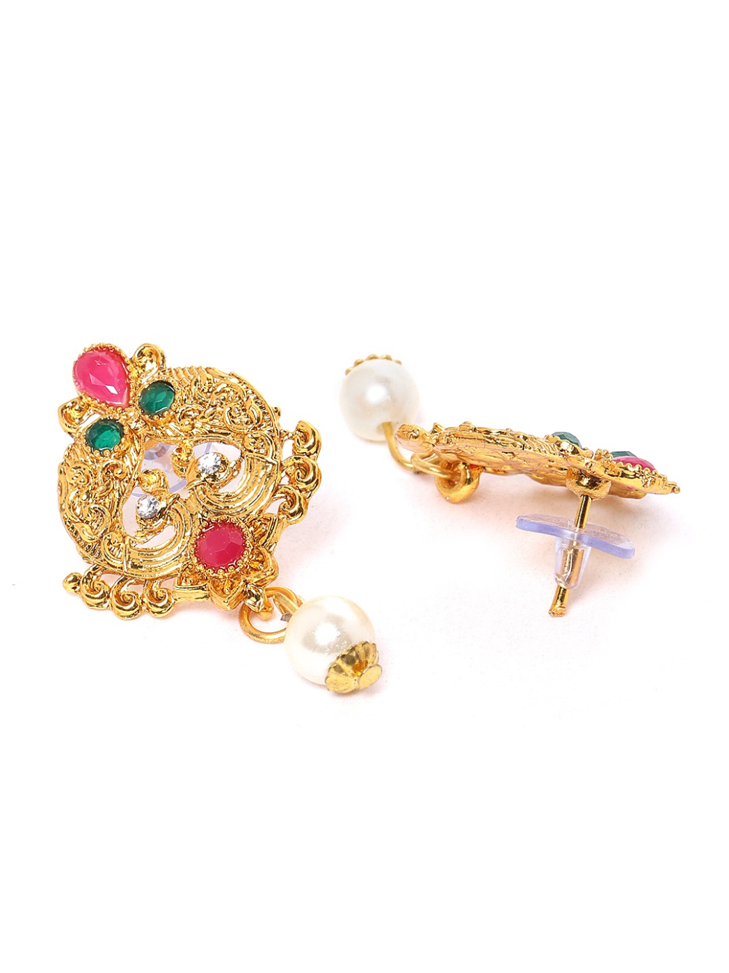 YouBella Green  Magenta Gold-Plated Stone Studded  Beaded Peacock Shaped Jewellery Set