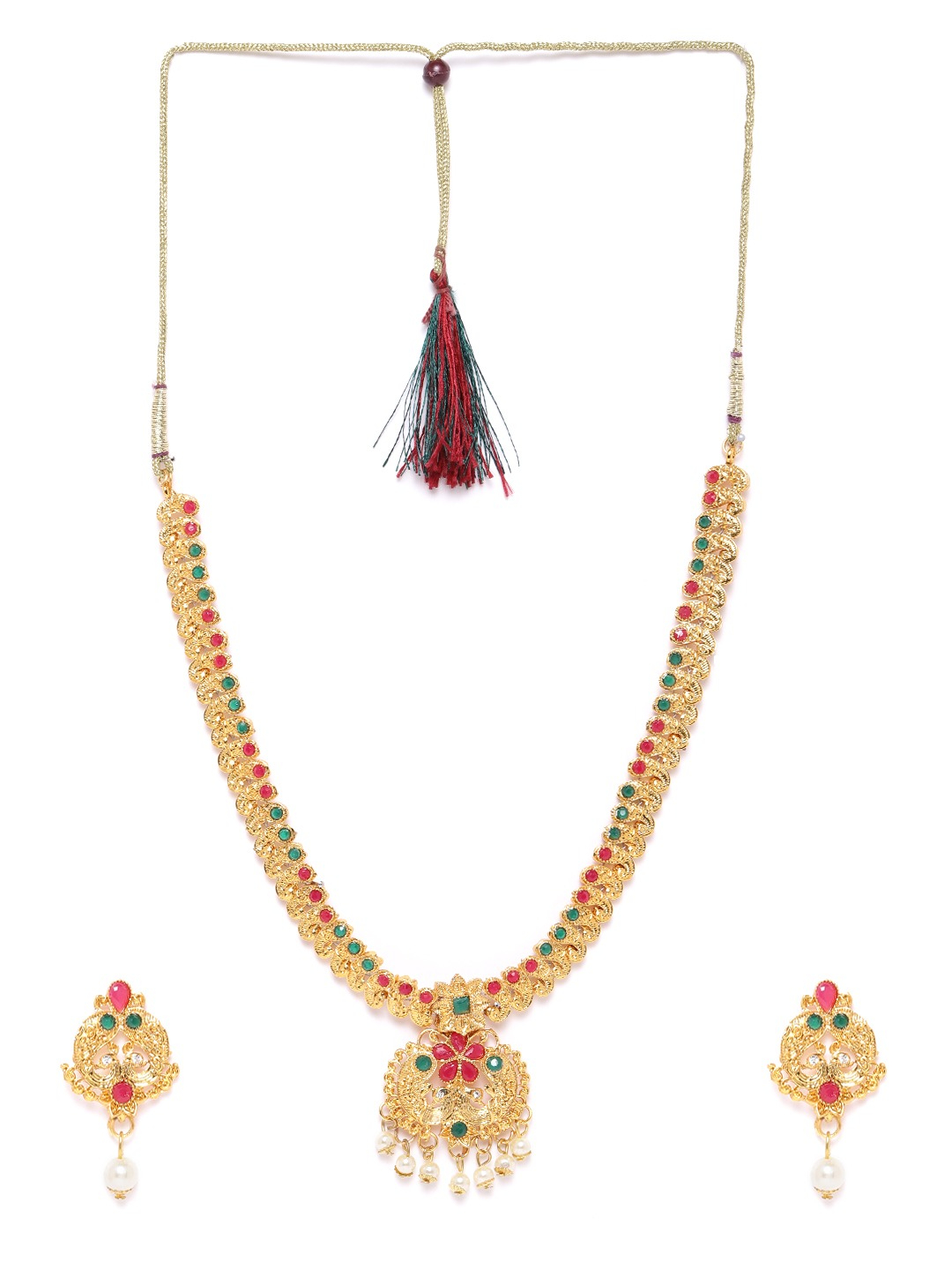YouBella Green  Magenta Gold-Plated Stone Studded  Beaded Peacock Shaped Jewellery Set