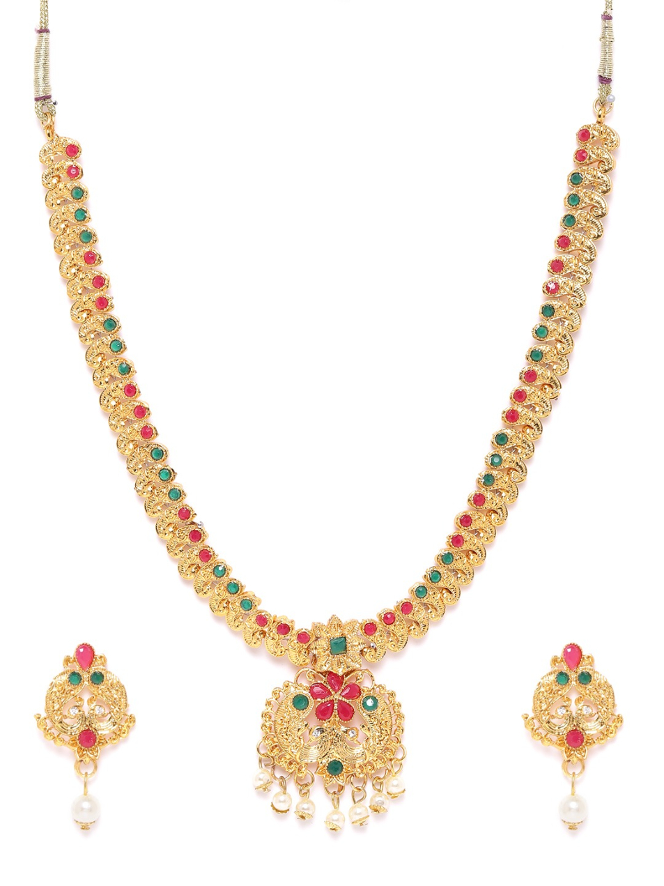 YouBella Green  Magenta Gold-Plated Stone Studded  Beaded Peacock Shaped Jewellery Set