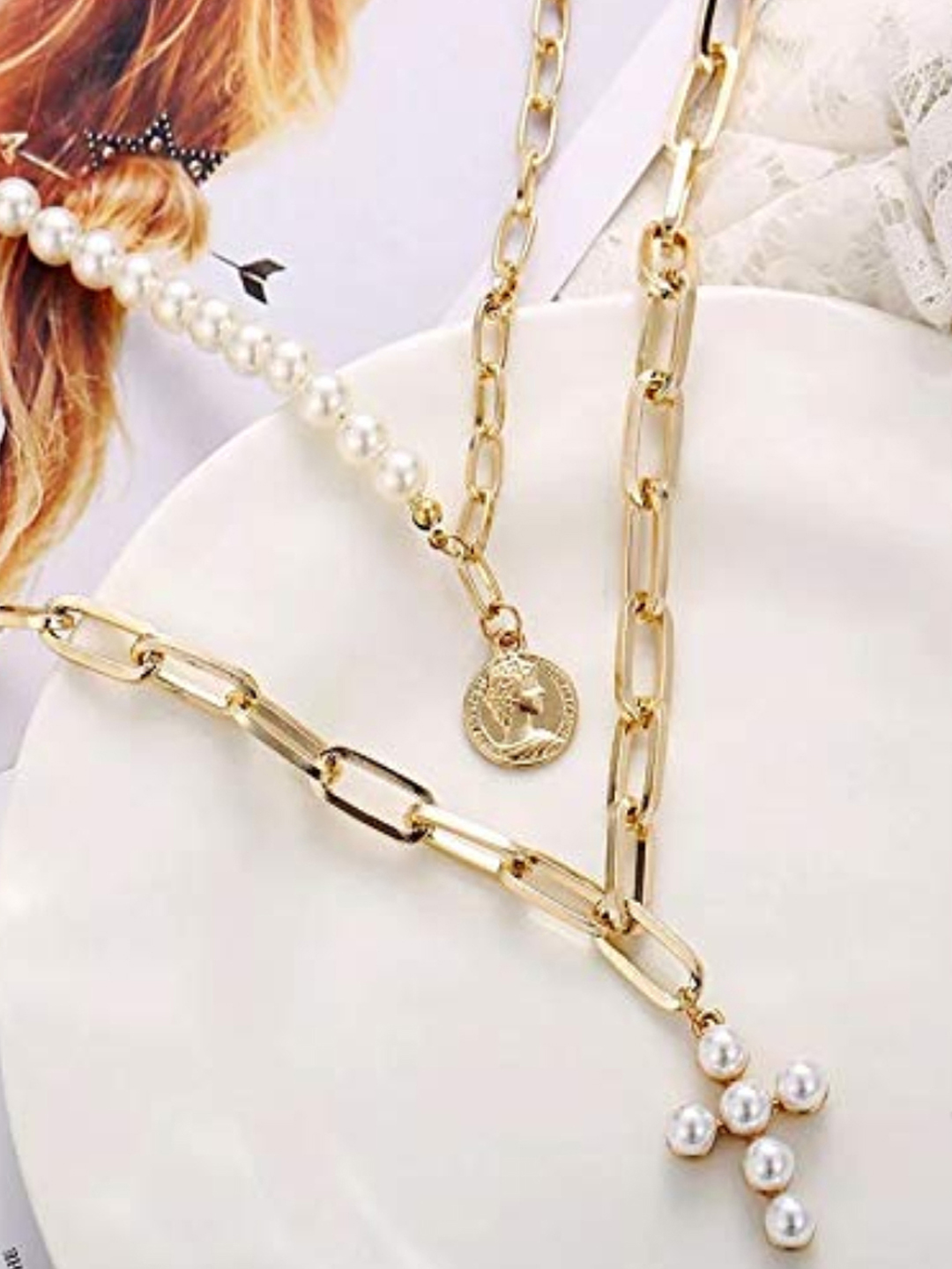 YouBella Stylish Latest Design Trendy Multi Layer Necklace Jewellery Gold Plated Multi Strand for Women (Golden) (YBNK_5786)