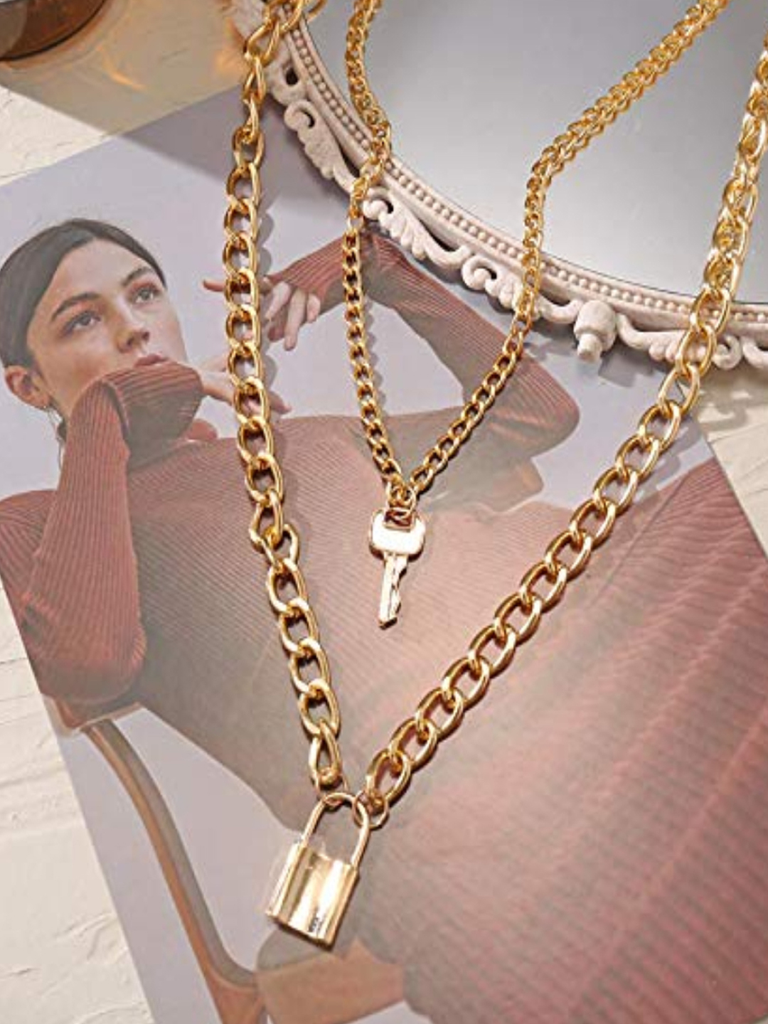YouBella Valentine Non-Precious Metal Alloy No Gemstone Jewellery Multi Layered Gold Plated Lock and Key Necklace for Women (Gold)