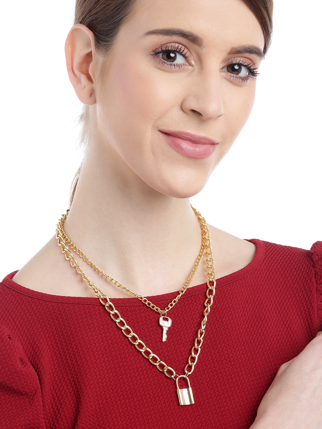 YouBella Valentine Non-Precious Metal Alloy No Gemstone Jewellery Multi Layered Gold Plated Lock and Key Necklace for Women (Gold)