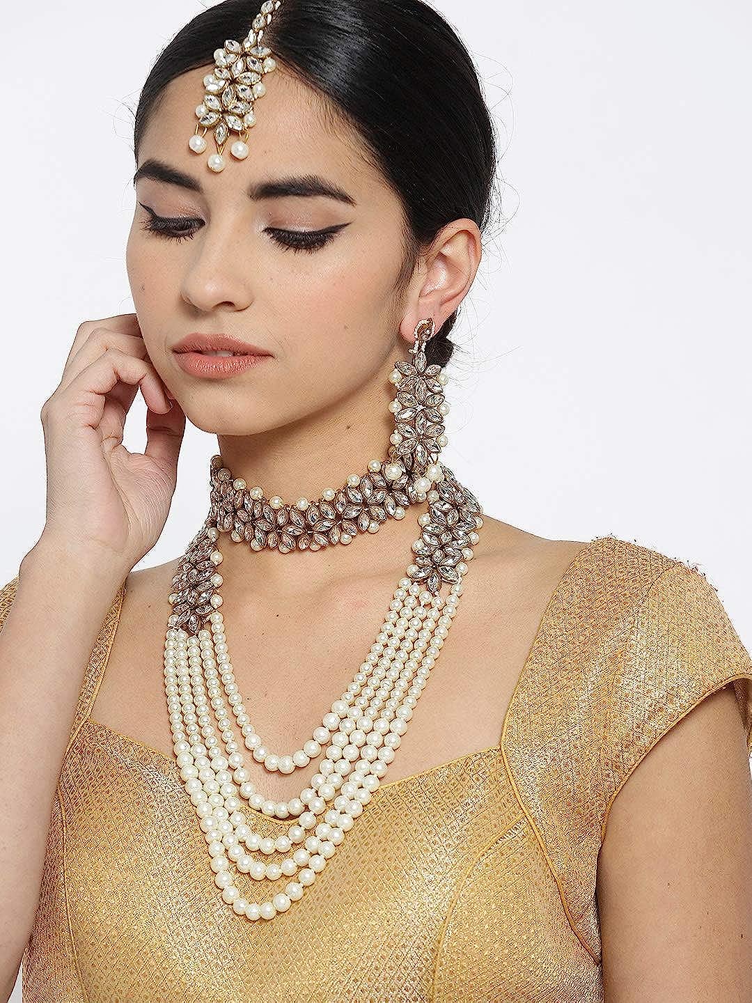 YouBella Jewellery Stylish Pearl Jewellery Set Combo with Earrings and Maang Tikka for Women and Girls