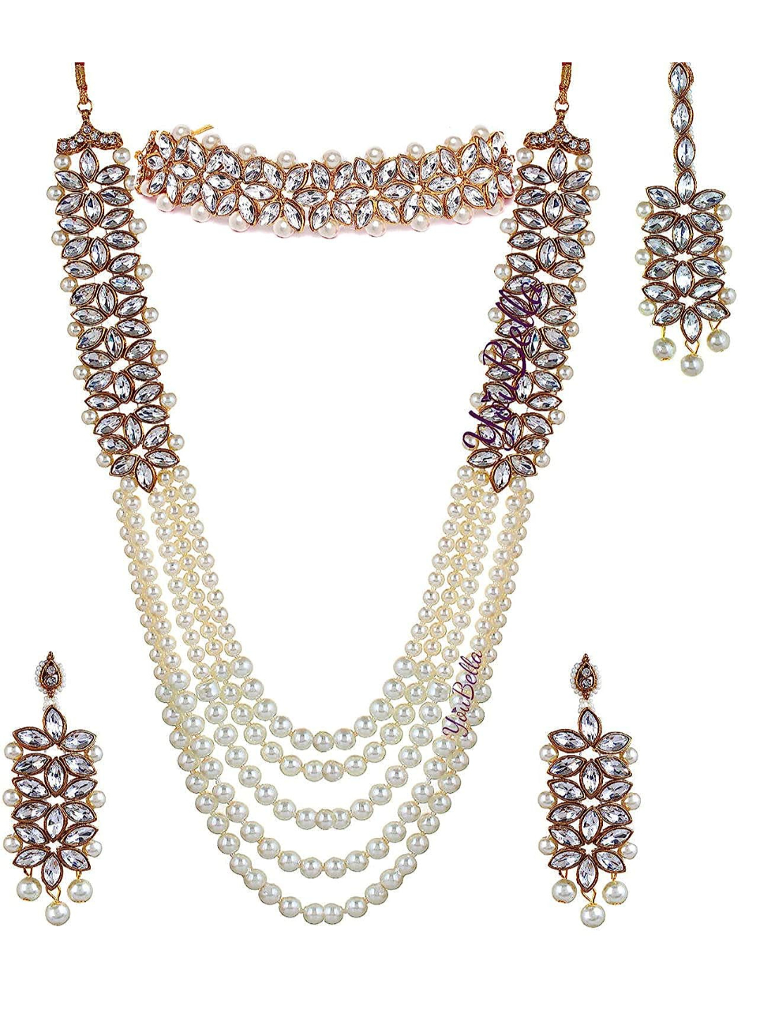 YouBella Jewellery Stylish Pearl Jewellery Set Combo with Earrings and Maang Tikka for Women and Girls