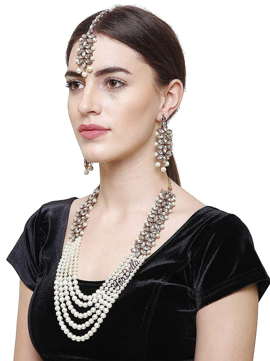 YouBella Jewellery Stylish Pearl Jewellery Set Combo with Earrings and Maang Tikka for Women and Girls