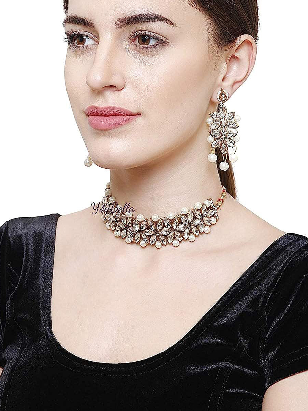 YouBella Jewellery Stylish Pearl Jewellery Set Combo with Earrings and Maang Tikka for Women and Girls