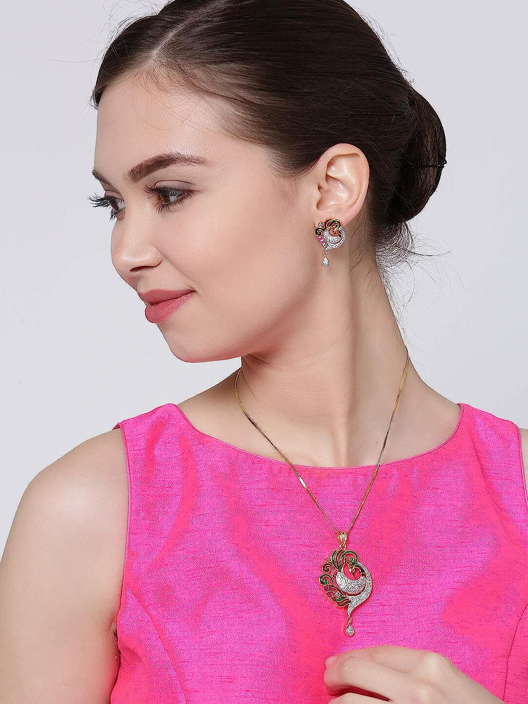 YouBella CZ Designer Peacock Pendant Set with Chain