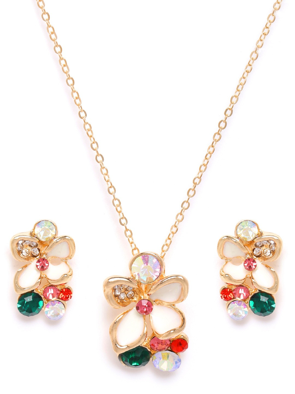 YouBella White  Green Gold-Toned Stone Studded Floral Jewellery Set