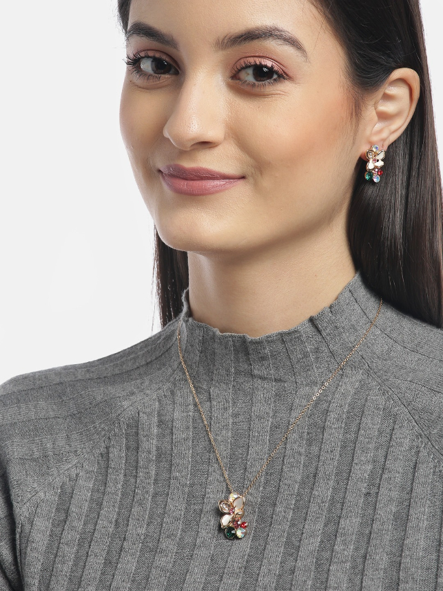 YouBella White  Green Gold-Toned Stone Studded Floral Jewellery Set