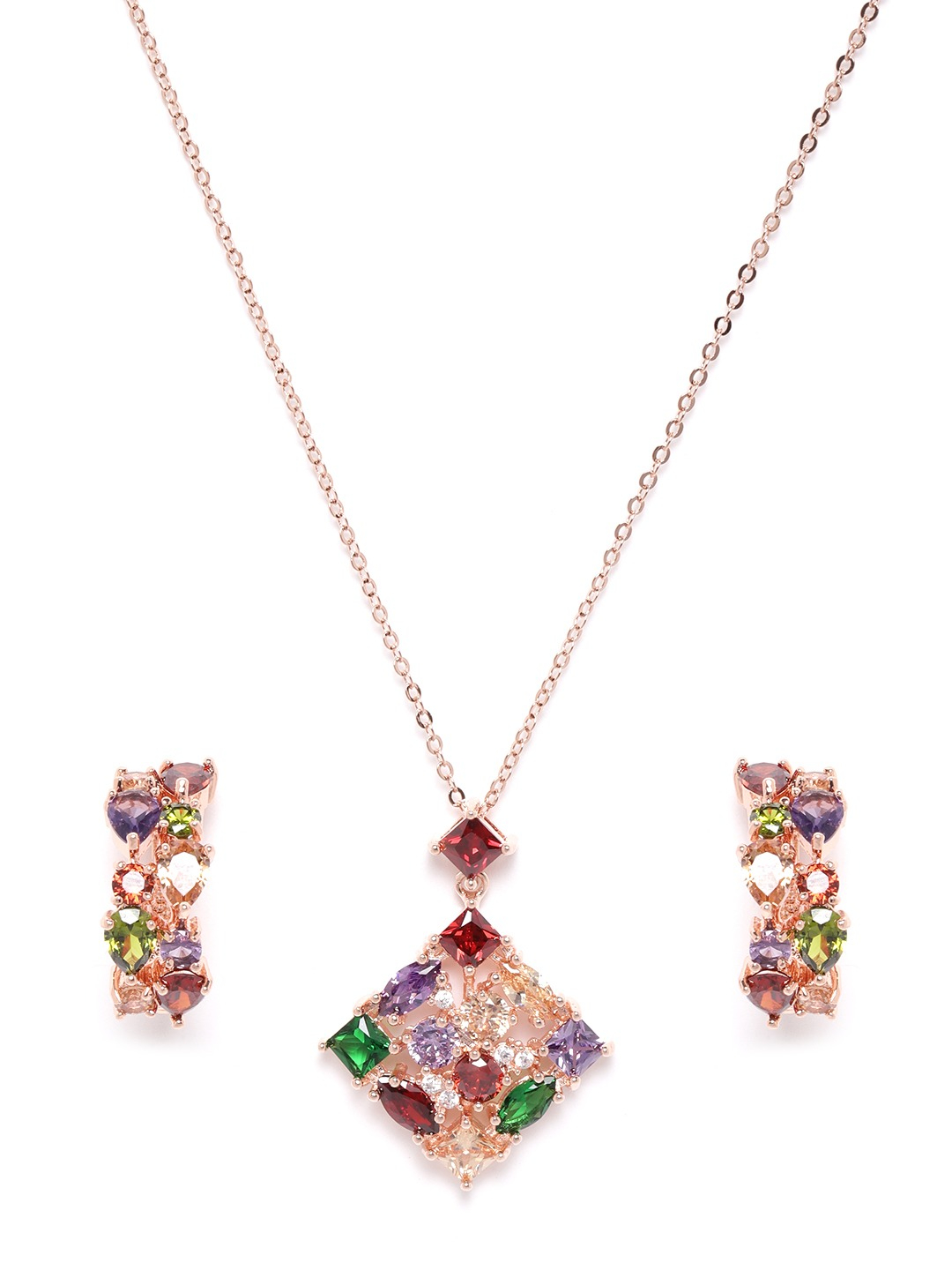 YouBella Green  Red Rose Gold-Toned Stone Studded Diamond Shaped Jewellery Set