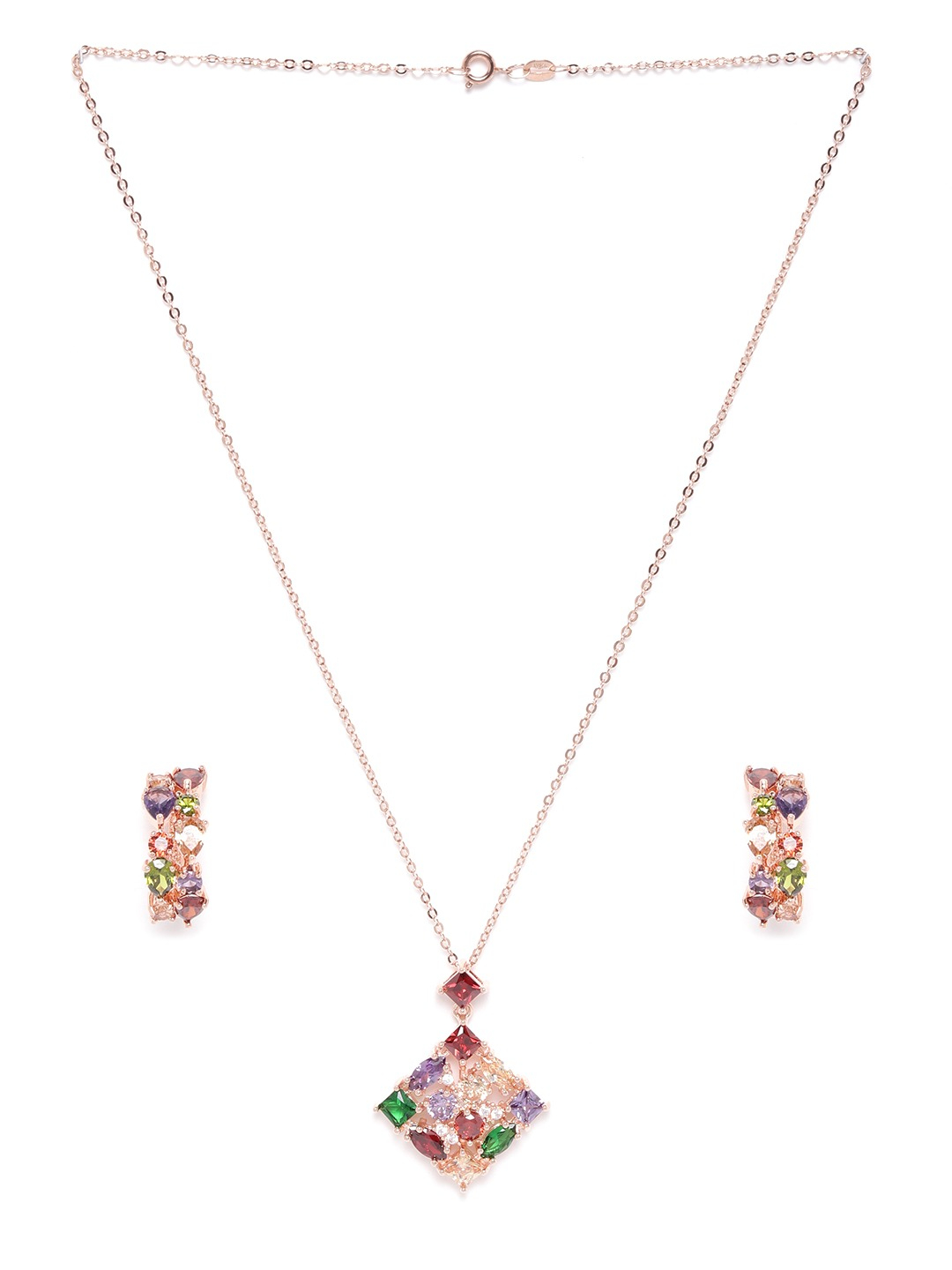 YouBella Green  Red Rose Gold-Toned Stone Studded Diamond Shaped Jewellery Set
