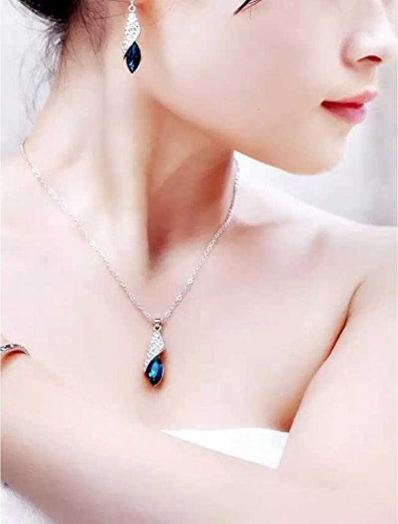 YouBella Blue Crystal Necklace with Earrings for Women - Combo Pack