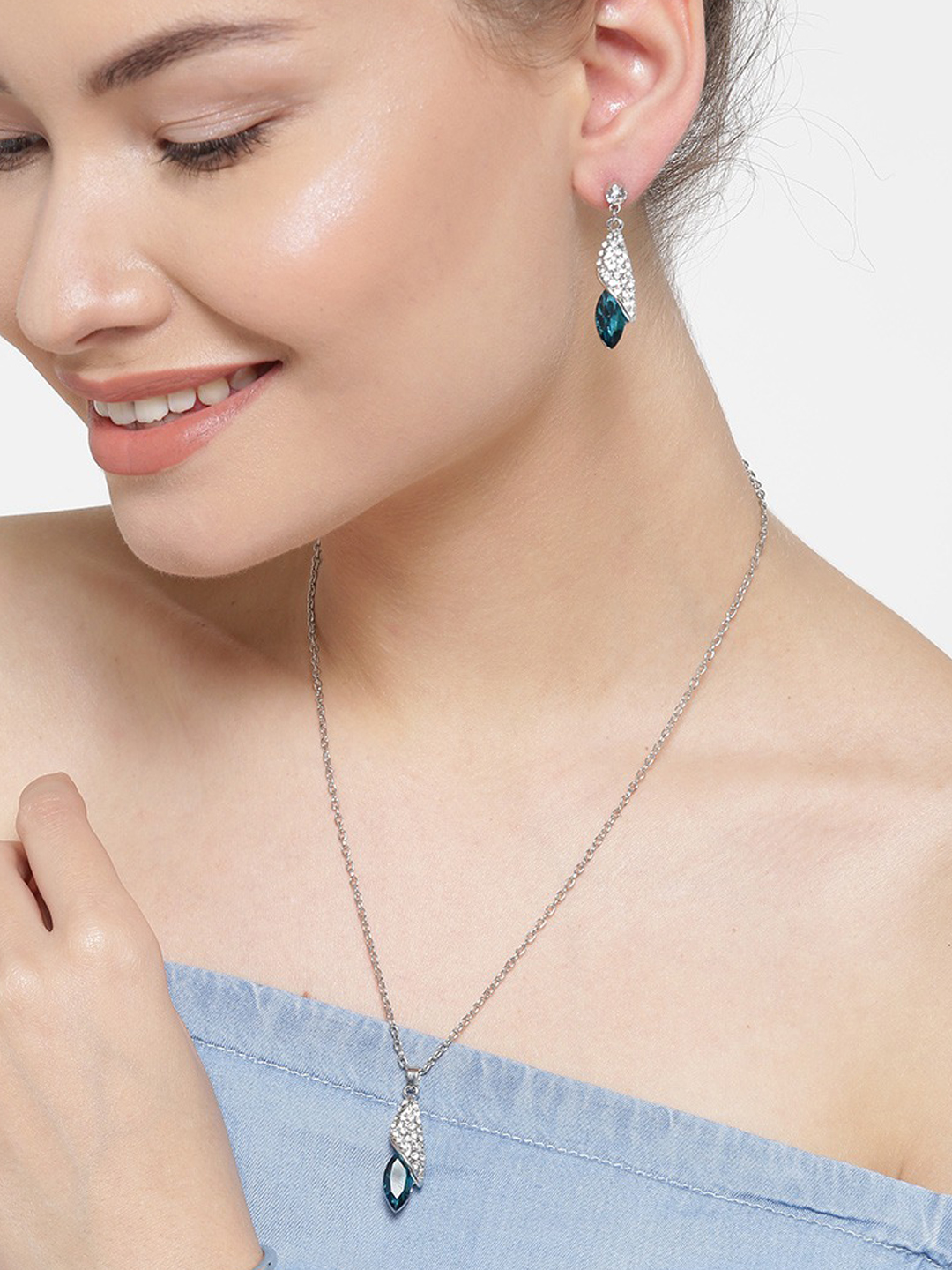 YouBella Blue Crystal Necklace with Earrings for Women - Combo Pack