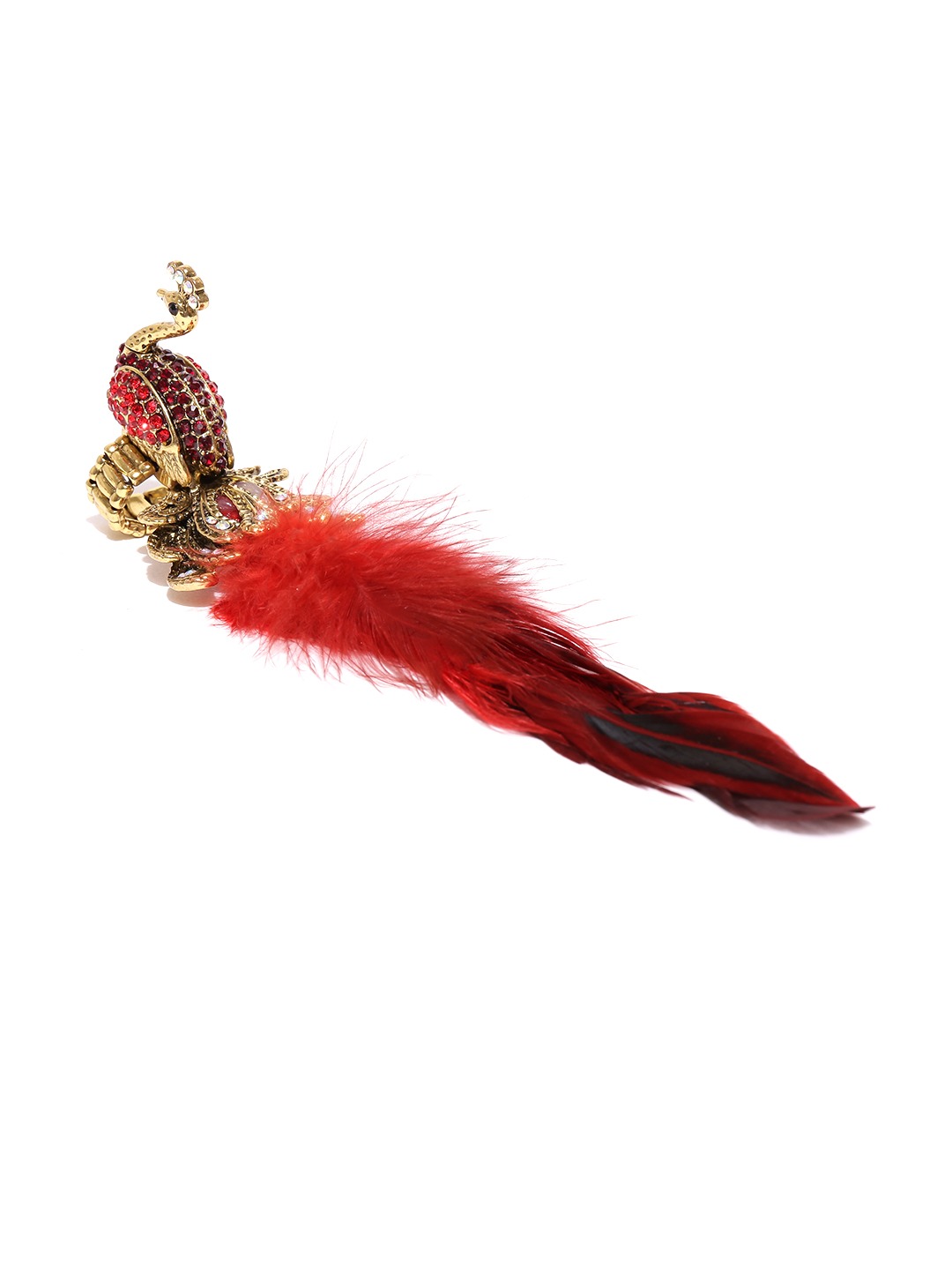 YouBella Jewellery Designer Peacock Feather Adjustable Ring for Girls and Women (Red)