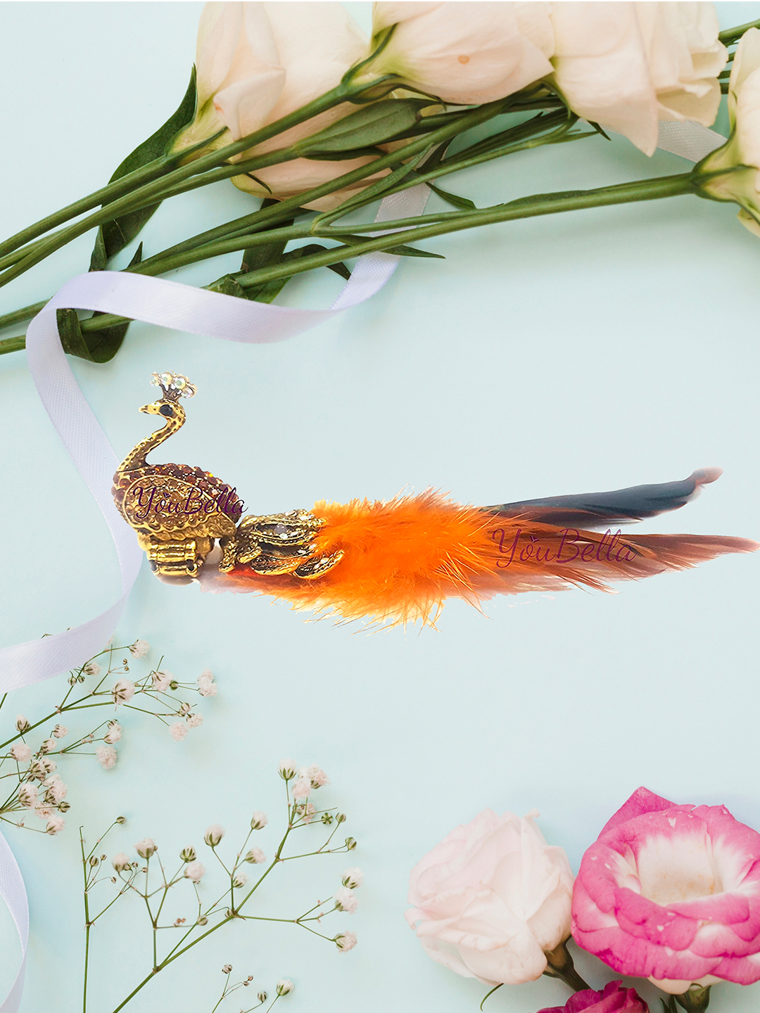 YouBella Jewellery Designer Peacock Feather Adjustable Ring for Girls and Women (Orange)