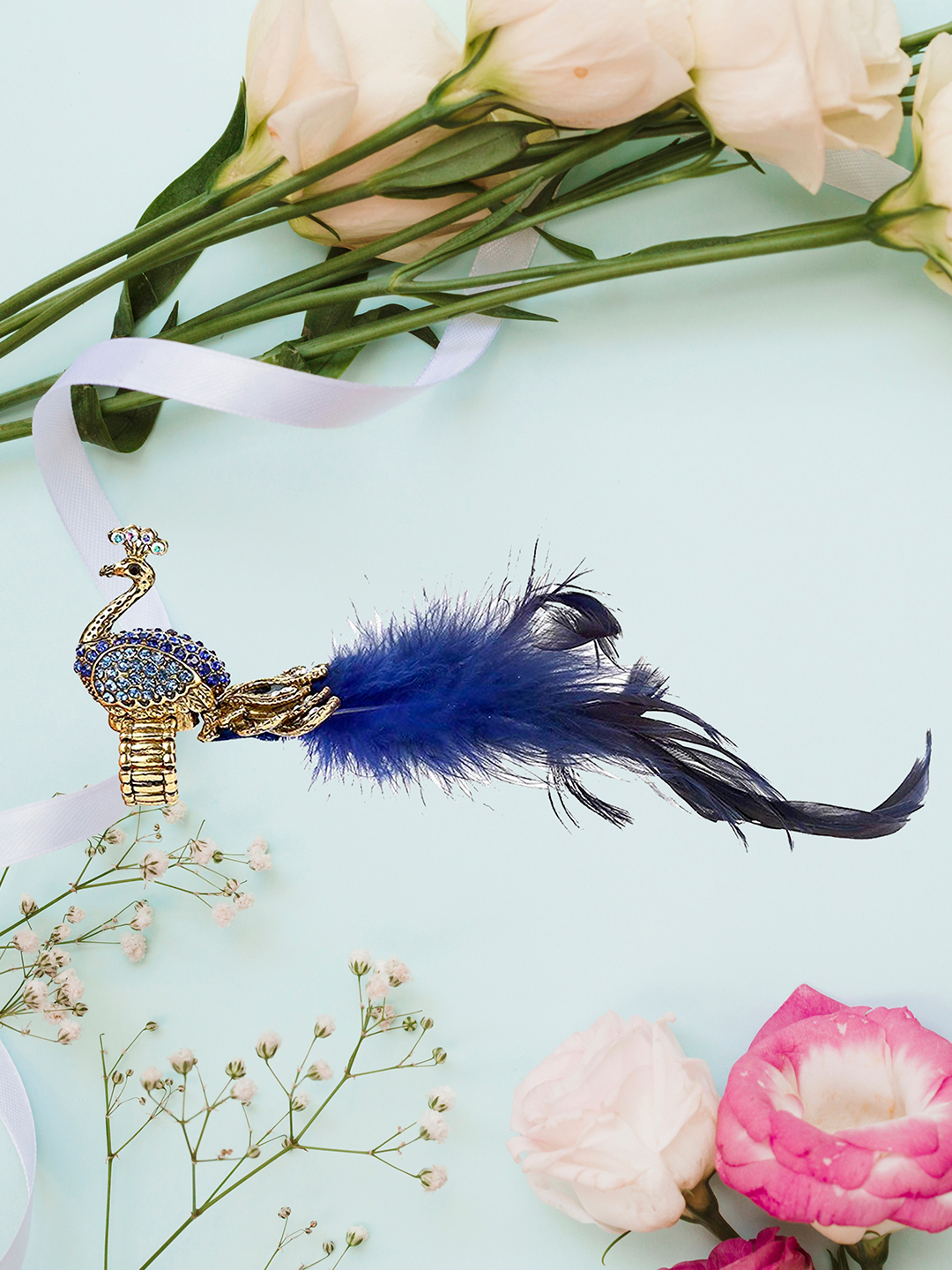 YouBella Jewellery Designer Peacock Feather Adjustable Ring for Girls and Women (Blue)
