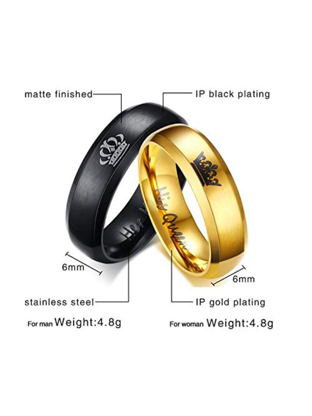 YouBella Jewellery His Queen Her King 100% Stainless Steel Never Fading Couple Rings for Girls/Women and Boys/Men (Gold-Black)