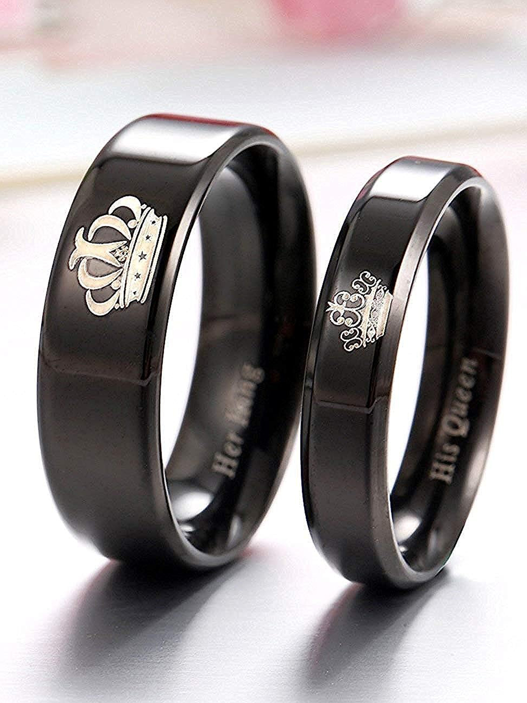 YouBella Jewellery His Queen Her King 100% Stainless Steel Never Fading Couple Rings for Girls/Women and Boys/Men (Black-Black)