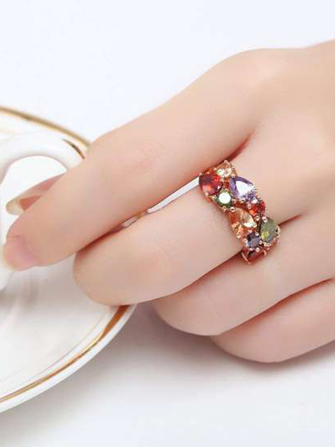 YouBella Jewellery Stylish Rose Gold Plated Solitaire AAA Multicolor Crystal Ring for Women and Girls