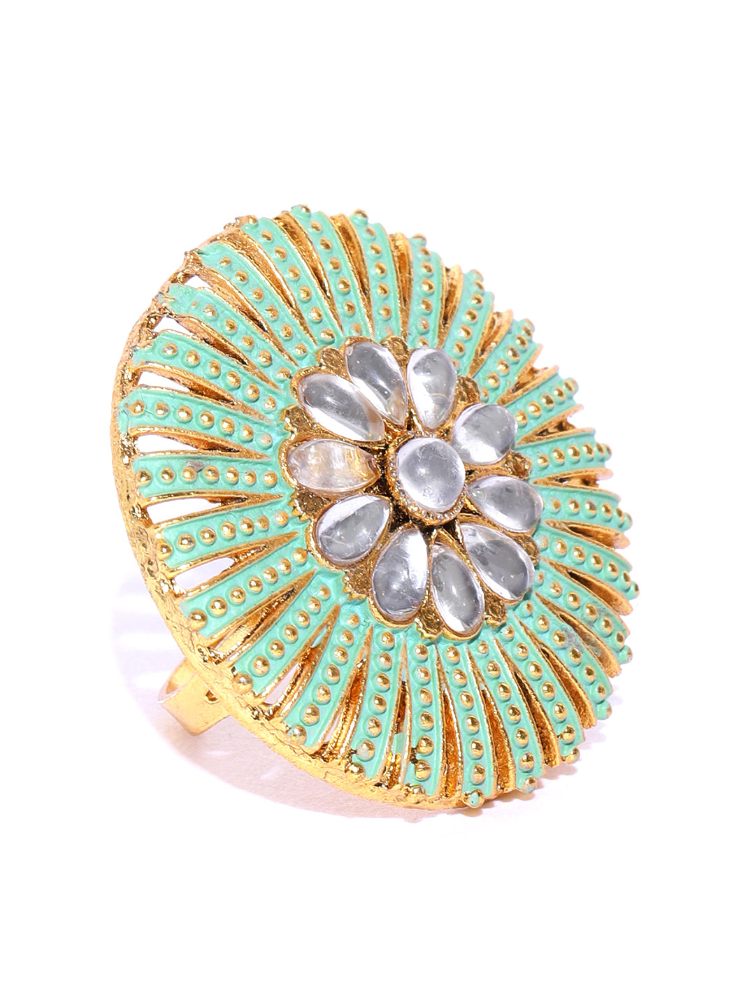 YouBella Green Gold-Plated Stone-Studded Meenakari Adjustable Finger Ring