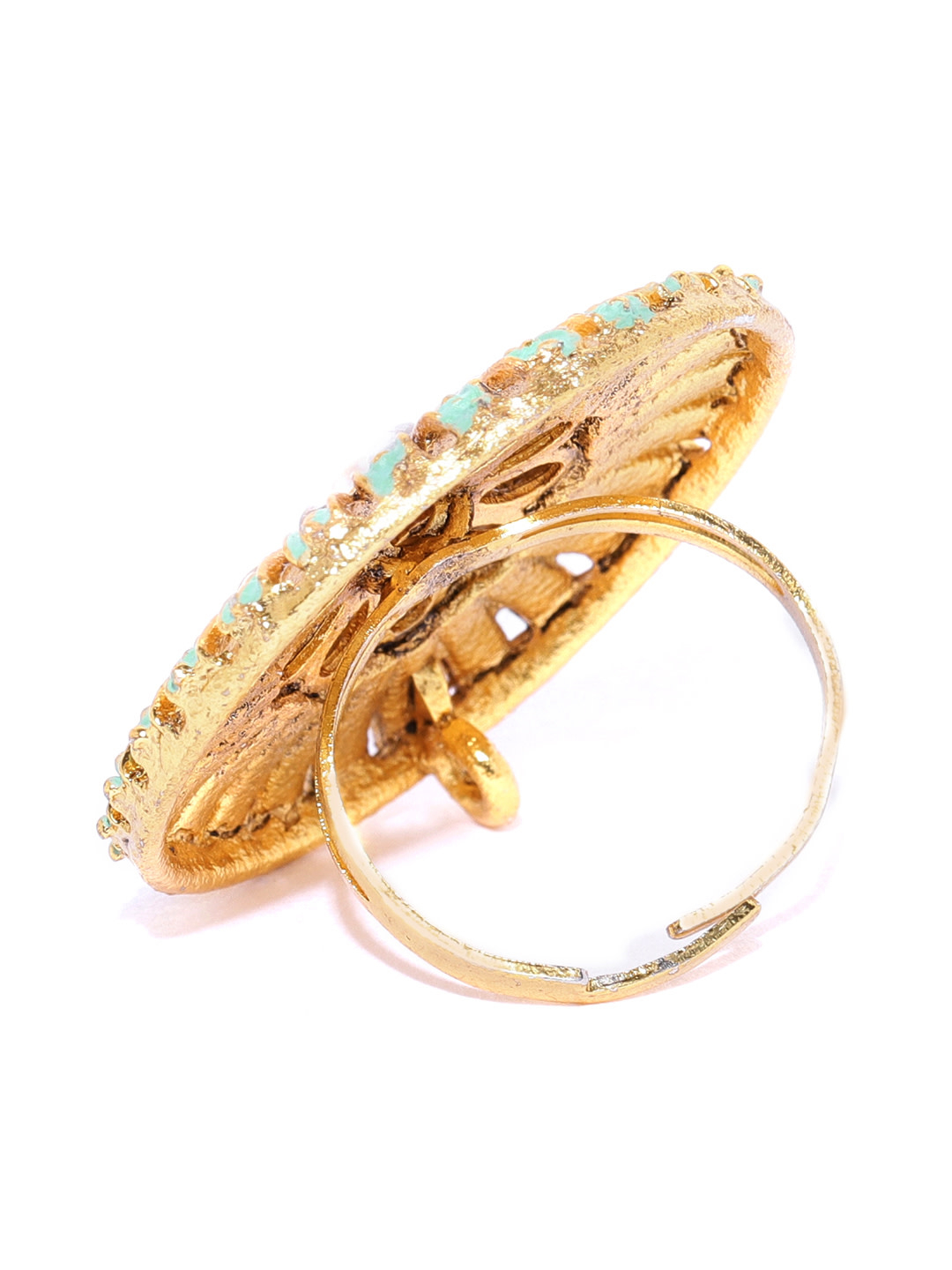 YouBella Green Gold-Plated Stone-Studded Meenakari Adjustable Finger Ring