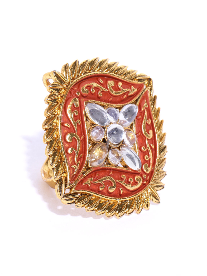YouBella Rust Red Gold Plated Stone Studded Meenakari Adjustable Finger Ring