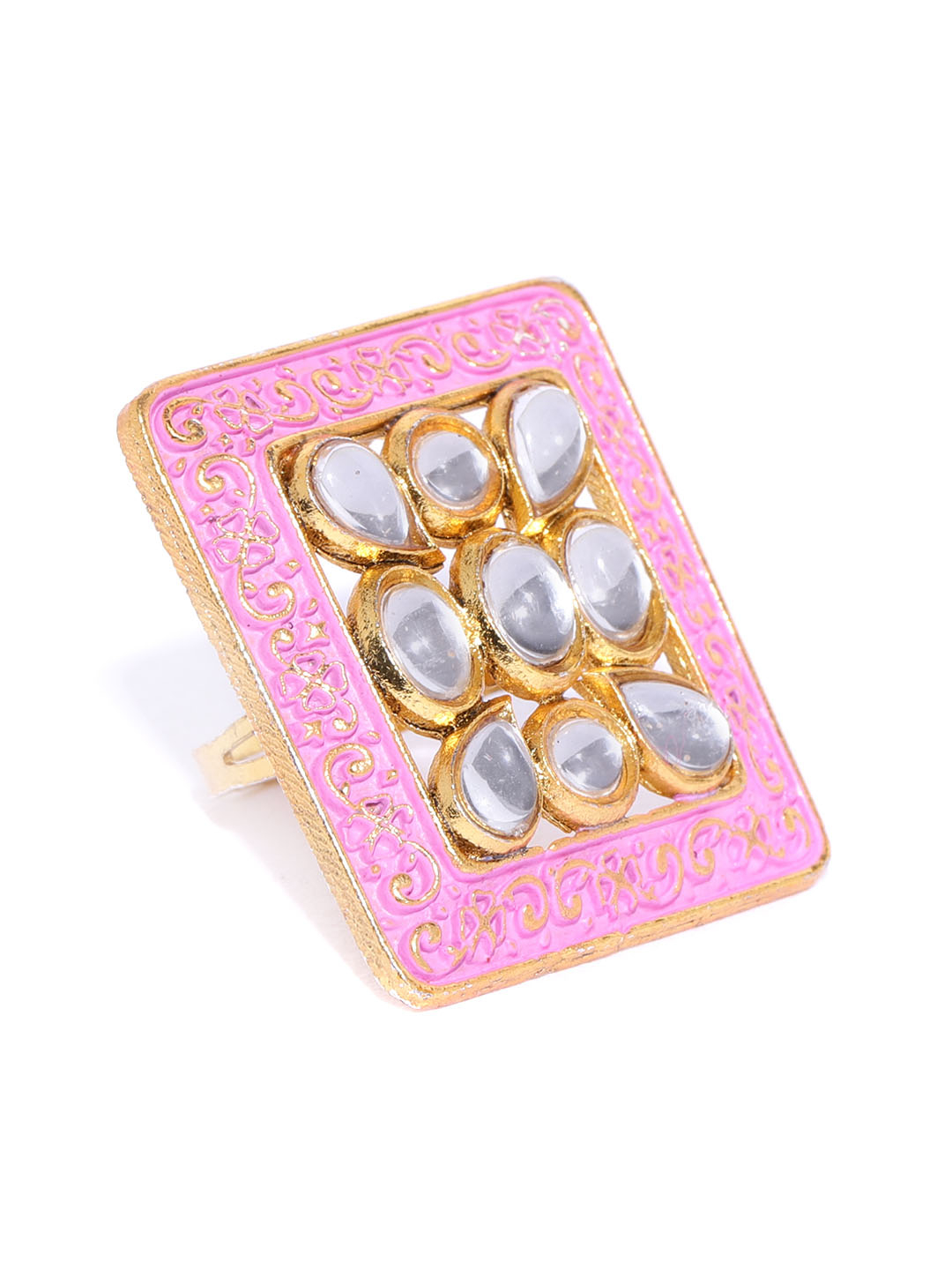 YouBella Pink Gold-Plated Stone-Studded Meenakari Adjustable Finger Ring