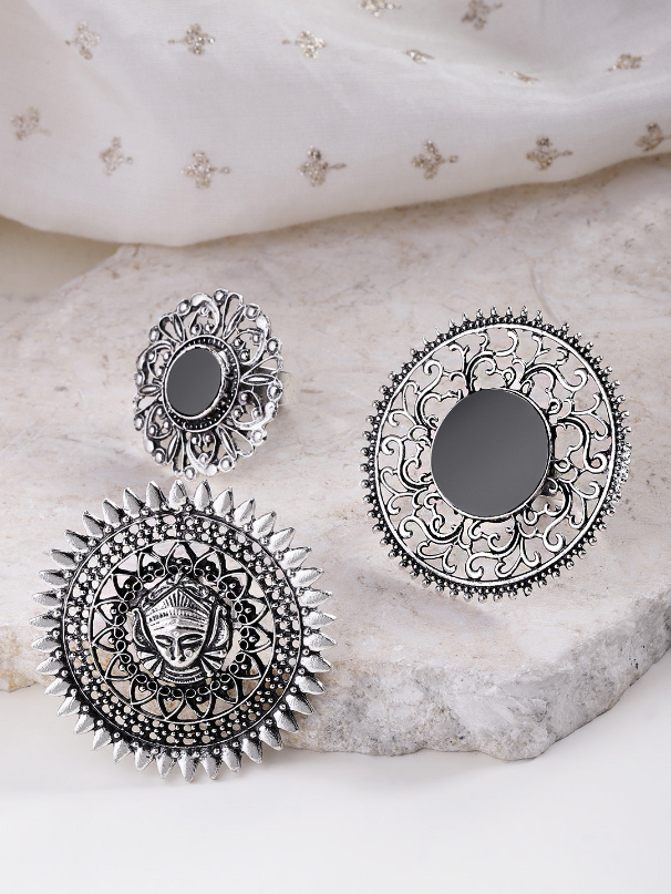 YouBella Set of 3 Oxidised Silver-Plated Afgan Adjustable Finger Rings
