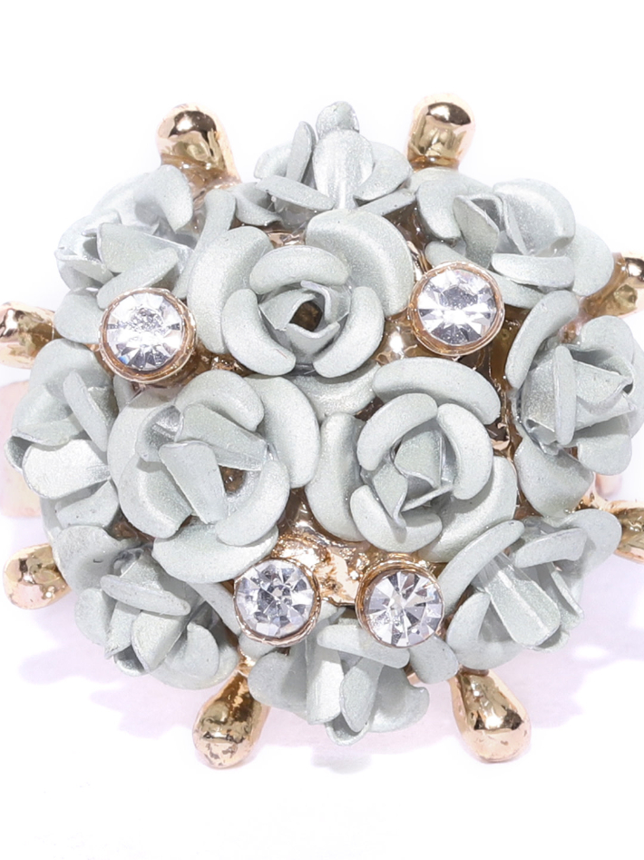 YouBella Grey Gold-Plated Stone-Studded Floral Adjustable Finger Ring