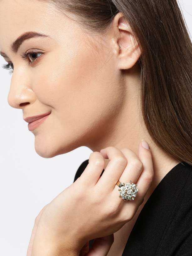 YouBella Grey Gold-Plated Stone-Studded Floral Adjustable Finger Ring