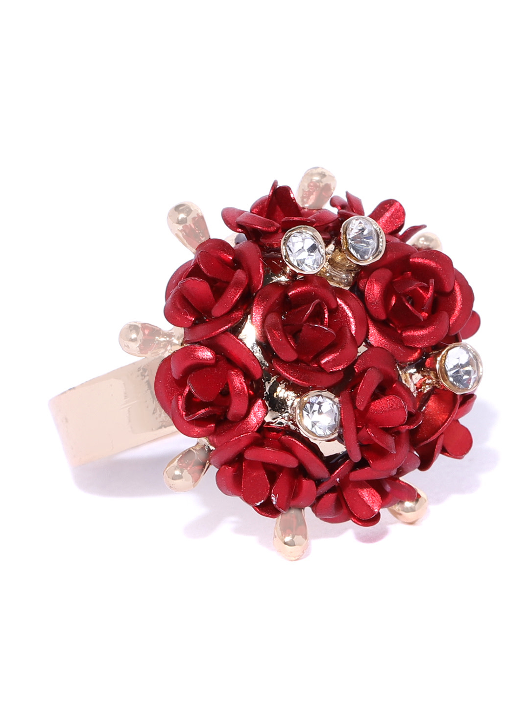 YouBella Red Gold-Plated Stone-Studded Floral Adjustable Finger Ring