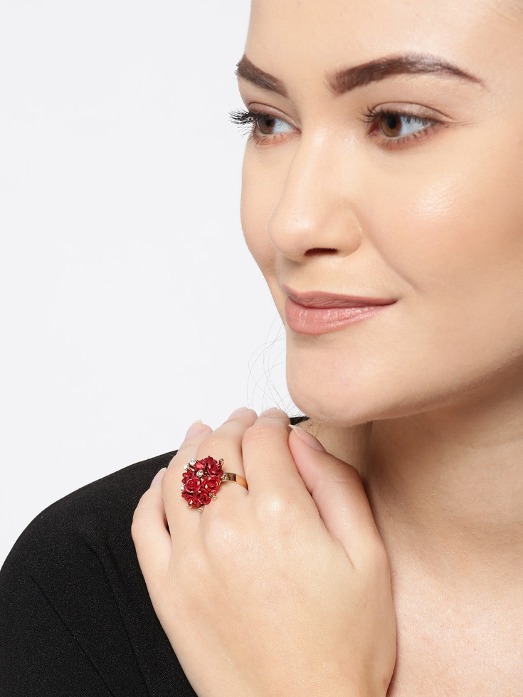 YouBella Red Gold-Plated Stone-Studded Floral Adjustable Finger Ring